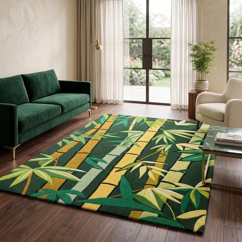 Hand-tufted Wool Bamboo Forest Rug, Tropical Botanical Carpet, Boho ...