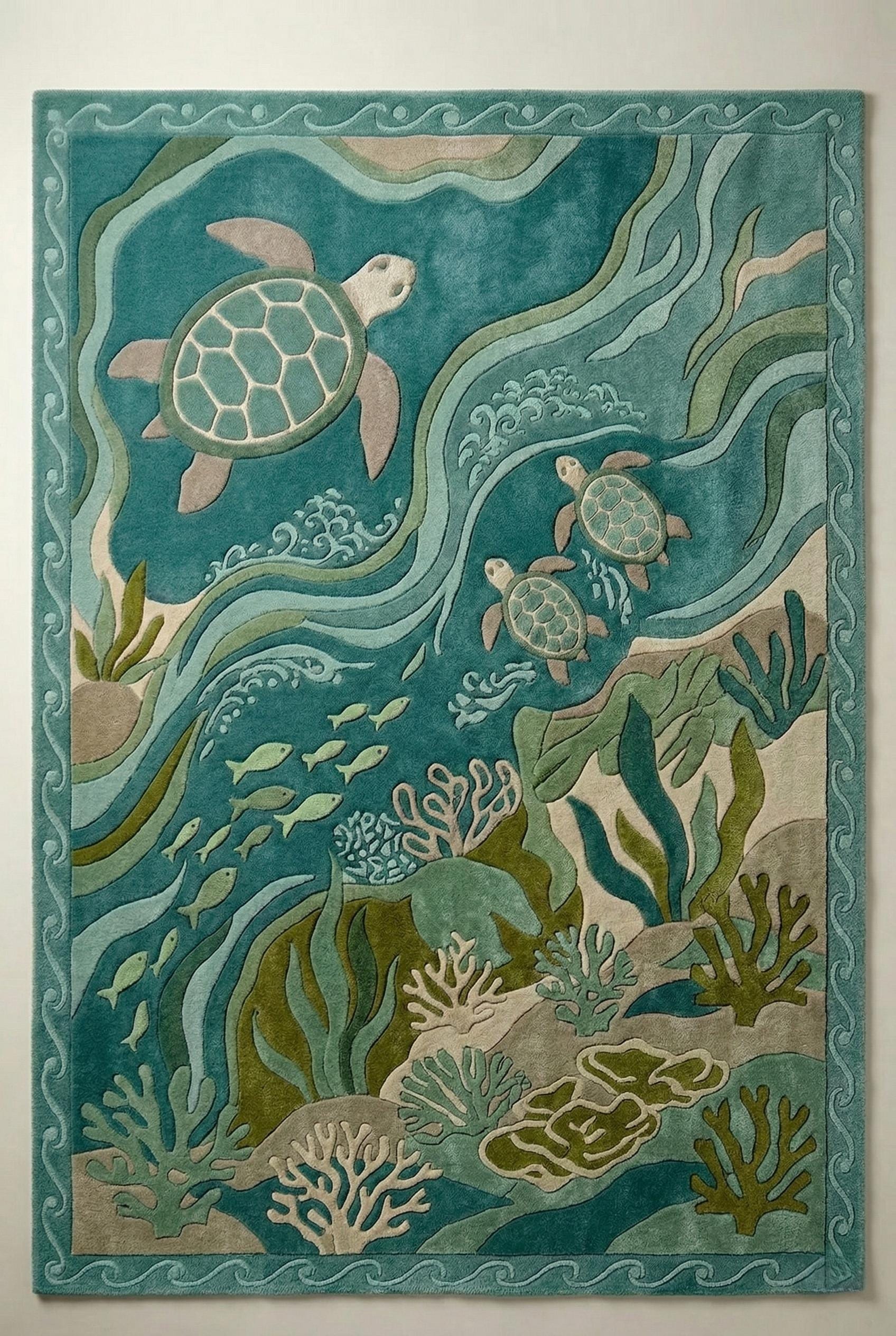 Hand-tufted Wool Sea Turtle Rug | Wavy Blue Ocean Coastal Carpet - Etsy