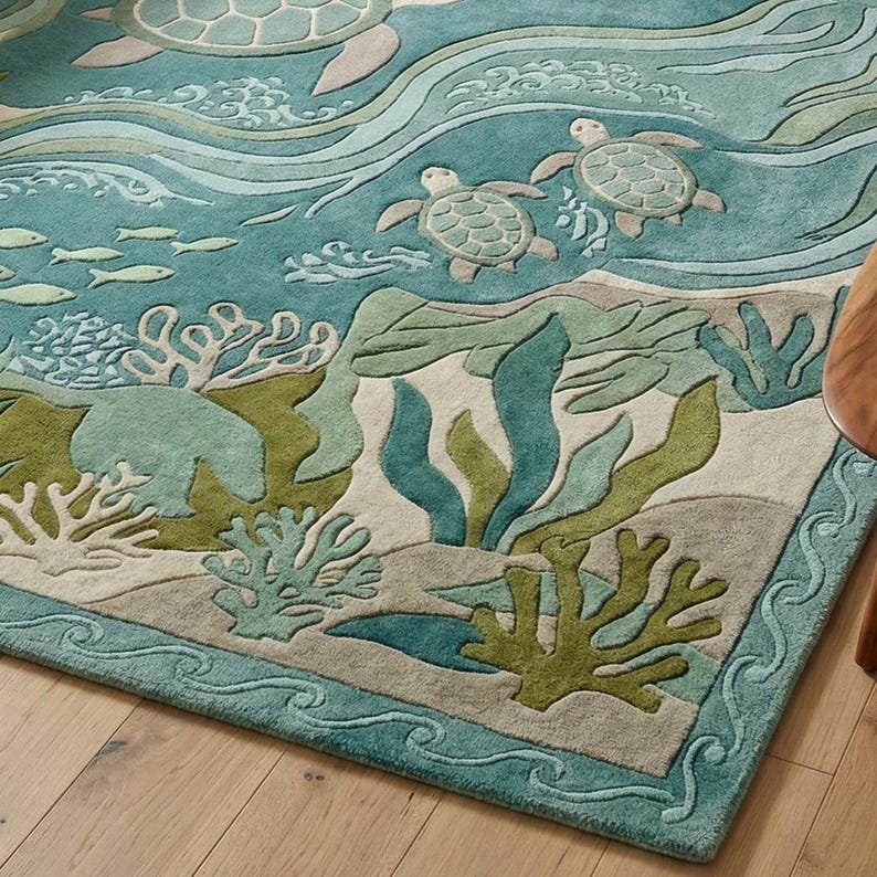 Hand-tufted Wool Sea Turtle Rug | Wavy Blue Ocean Coastal Carpet - Etsy