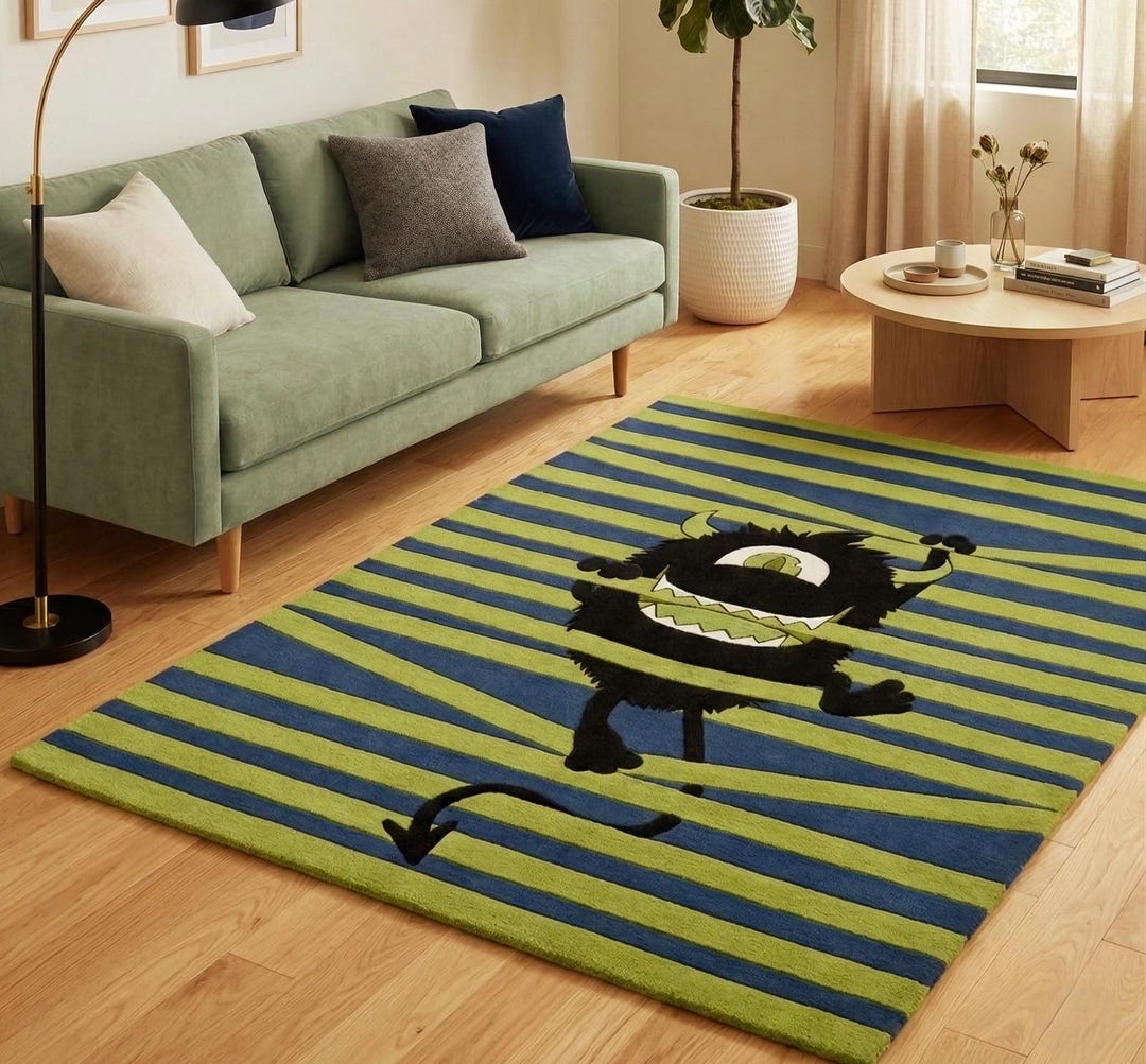 Monster Ink Rug 3D Monster Area Rug | Navy Lime Green Stripes, Whimsical Kids Playroom ...