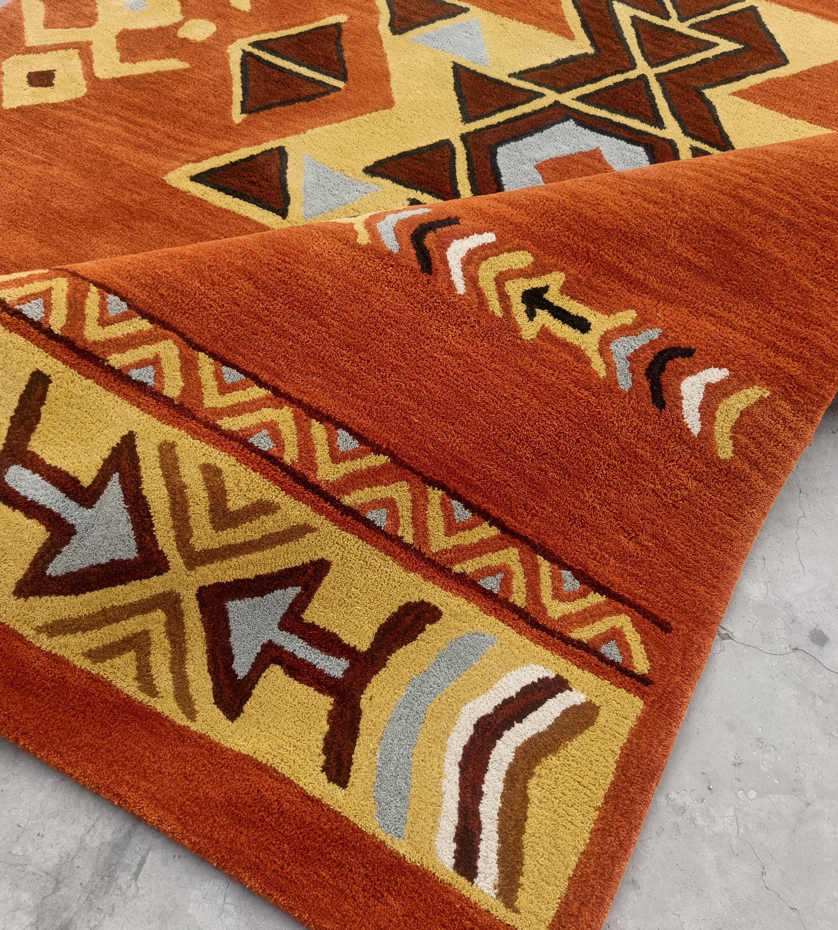 Hand-tufted Wool Area Rug, Terracotta Southwestern Tribal Geometric ...
