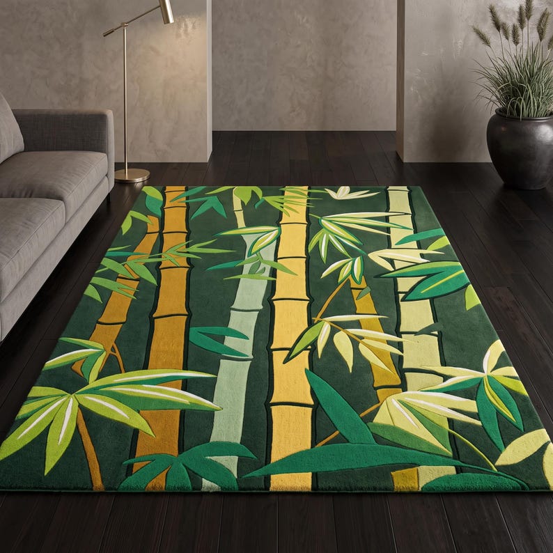 Hand-tufted Wool Bamboo Forest Rug, Tropical Botanical Carpet, Boho ...