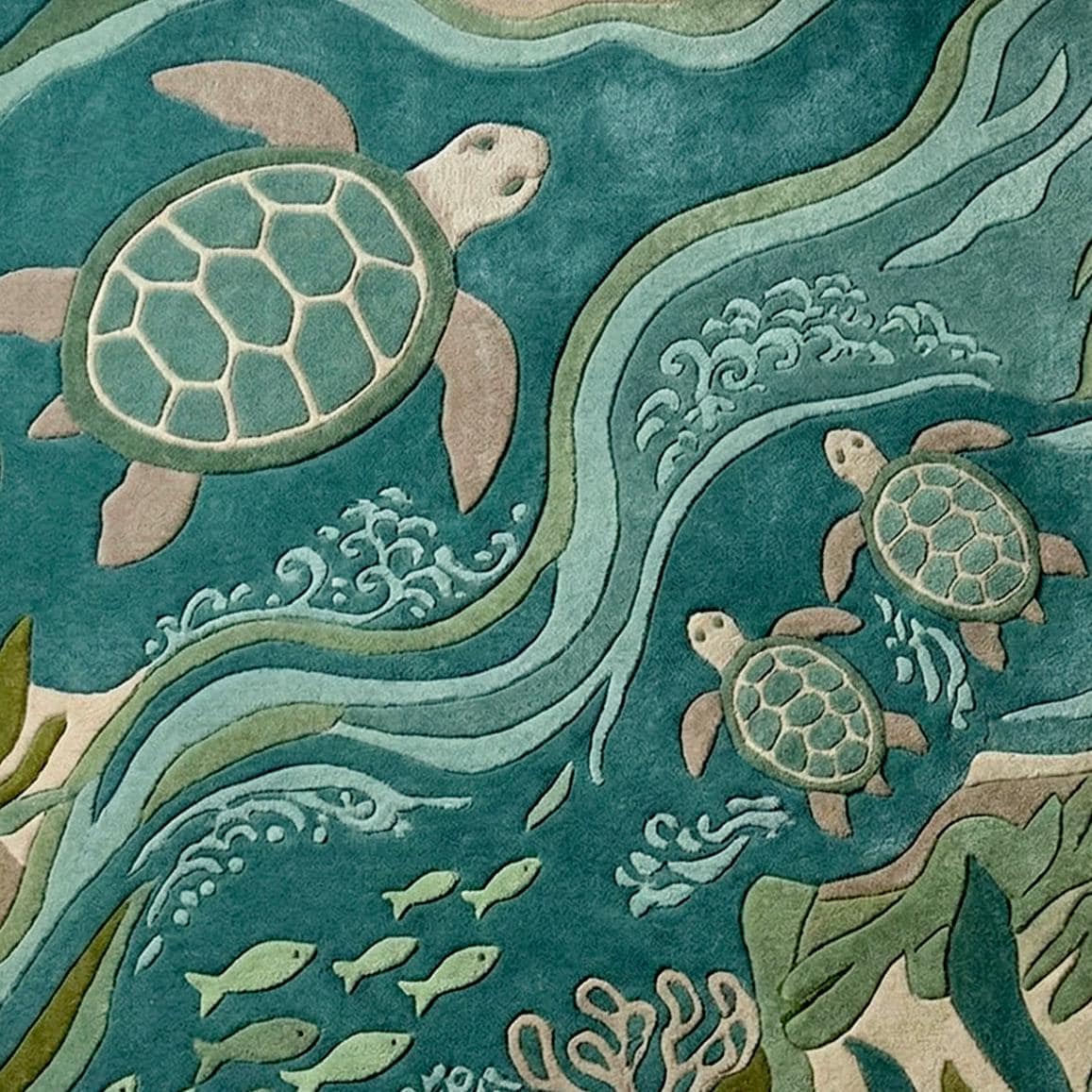Hand-tufted Wool Sea Turtle Rug | Wavy Blue Ocean Coastal Carpet - Etsy
