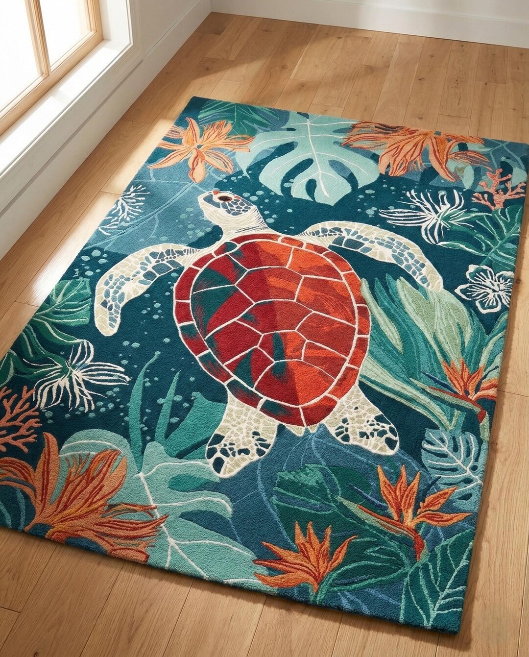 Sea Turtle Tufted Rug | Coastal Ocean Botanical Tapestry, Marine Life ...