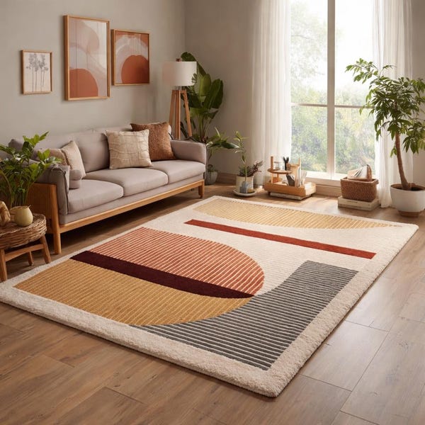 Dywan wełniany w stylu Mid-Century Modern z geometrycznym wzorem | Teksturowany dywan tuftowany, odcienie ziemi