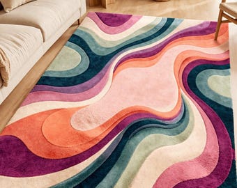 Hand Tufted Wool Rug, Abstract Colorful Modern, High-Low Pile, Artistic Area Rug