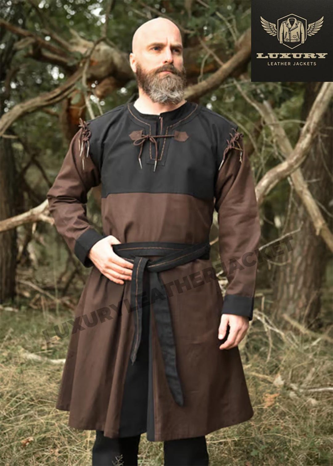Medieval Viking Tunic Costume Brown Black Norse Warrior LARP Tunic With ...