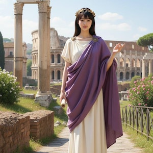 Toga rzymskiej bogini: starożytny grecki strój, historyczny strój w kolorze kremowym i fioletowym