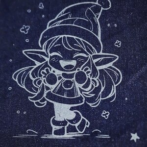 May include: A white line drawing of a smiling cartoon elf wearing a Santa hat and holding two small ornaments. The elf has long hair and pointed ears. The background is a dark blue with white star and snowflake accents.