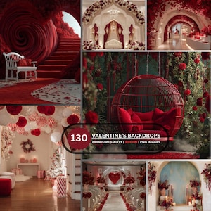 Puede incluir: Un collage de fondos de San Valentín con temas rojos y blancos. Las escenas incluyen una escalera roja, una silla blanca, arcos florales, un columpio colgante y un pasillo de boda. El texto dice "130 Valentine's Backdrops".
