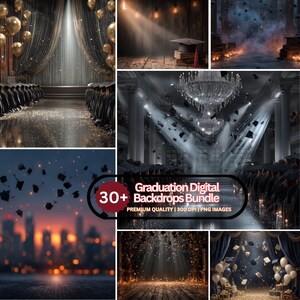 May include: A collection of digital backdrops for graduation ceremonies. The images feature various settings, including a stage with curtains, a chandelier, and a cityscape. The text reads "Graduation Digital Backdrops Bundle" with "30+ Backdrops" and "Premium Quality | 300 DPI | PNG Images."