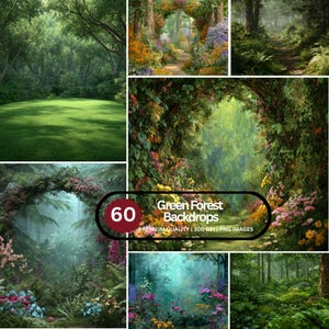May include: A collection of six images depicting verdant forest scenes. The images include a grassy area, a path through a floral archway, and various forest landscapes. The text "Green Forest Backdrops" is visible, along with the number "60".
