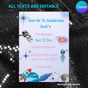 Peut inclure: Une invitation violet clair avec des graphiques sur le thème de l'espace, dont un astronaute, une fusée, des planètes et un extraterrestre. Le texte indique "Join Us To Celebrate Jack's 7th Birthday" avec la date, l'heure et l'adresse. Le texte "ALL TEXTS ARE EDITABLE" est en haut.
