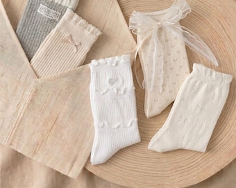 Cotton Women's Socks Set - Lace Ribbed Ruffled Socks with Embroidery Bows - Cottagecore Aesthetic Daily Comfort Gifts