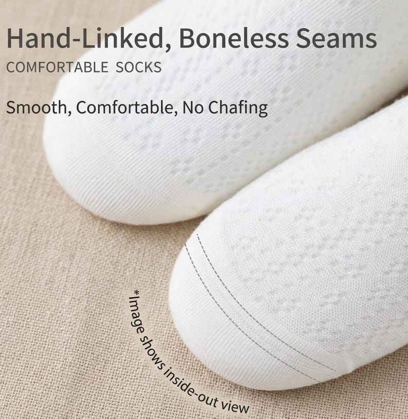 May include: Close-up of two white socks with a delicate, openwork pattern. The text "Hand-Linked, Boneless Seams" and "COMFORTABLE SOCKS" is visible. The image also includes the text "Smooth, Comfortable, No Chafing" and "*Image shows inside-out view".