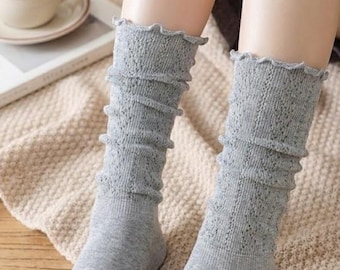 Women Ruffled Knee High Socks Vintage Frilly Cotton Boot Socks Ribbed Knit Long Warm