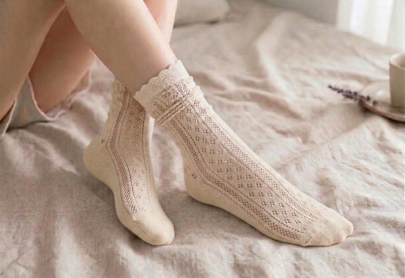 Vintage Ruffle Ankle Socks, Breathable Cotton Linen Lace Knit Short Socks, Coquette Pointelle Hosiery for Women and Girls 5 pairs set Khaki
