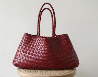 Large Capacity Woven Leather Tote Bag, French Chic Shoulder Bag, Handwoven Purse, Work Tote, Travel Handbag for Women
