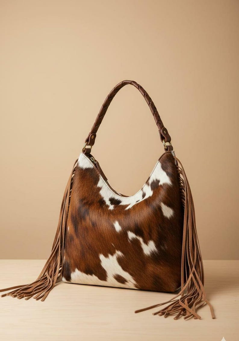 May include: A brown and white cowhide shoulder bag with a braided brown leather handle. The bag features long brown fringe on the sides. The bag is sitting on a light brown surface.