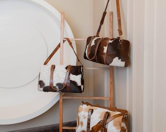 Luxury Cowhide Duffel Bag Hair On Hide Weekender, Handmade Genuine Leather Travel Bag, Rustic Western Overnight Carry On