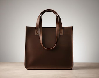 Handmade Full Grain Leather Tote Bag – Minimalist Coffee Shoulder Bag, Gift for her