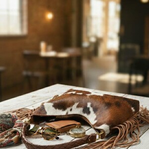 May include: A brown and white cowhide leather handbag with fringe, a braided strap, and a small leather wallet. Round sunglasses and a vintage compass sit next to the bag on a white wooden surface.