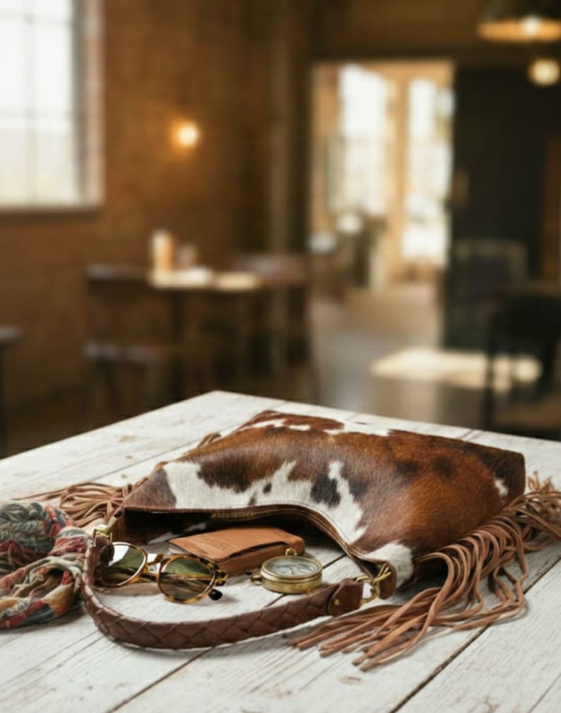 May include: A brown and white cowhide leather handbag with fringe, a braided strap, and a small leather wallet. Round sunglasses and a vintage compass sit next to the bag on a white wooden surface.