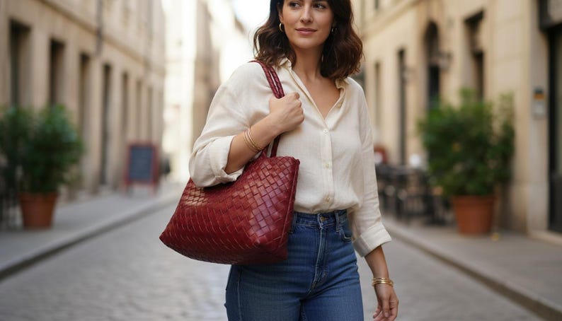 May include: A woman carries a large, woven, burgundy leather tote bag. She wears a cream-colored button-down shirt, blue jeans, and gold bracelets. The background shows a European street with buildings and potted plants.