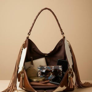 May include: A brown and white cowhide leather handbag with a braided handle, filled with accessories. The bag features long brown fringe and gold-toned hardware. Contents include a wallet, sunglasses, a compact mirror, and a smartphone.