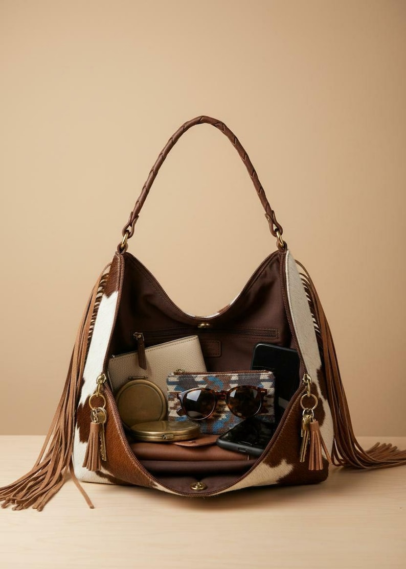 May include: A brown and white cowhide leather handbag with a braided handle, filled with accessories. The bag features long brown fringe and gold-toned hardware. Contents include a wallet, sunglasses, a compact mirror, and a smartphone.
