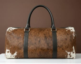 Handmade Hair-On Cowhide Duffle Bag: Leather Weekender Travel Bag, Gift for her
