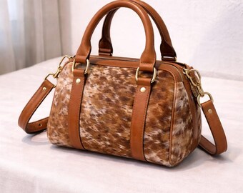 Brown Hair-On Cowhide Leather Satchel Purse – Western Shoulder Bag, Handmade Women’s Bag