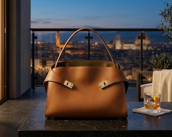 Bolso minimalista, bolso tote de piel auténtica, asa superior de piel de diseño, regalo para ella.