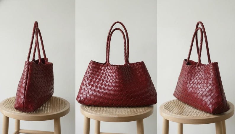 May include: A burgundy tote bag with a woven design. The bag has two long handles and is displayed on a small, round stool. The bag's texture and color are prominent, suggesting a focus on craftsmanship and style. The bag is a fashion accessory.