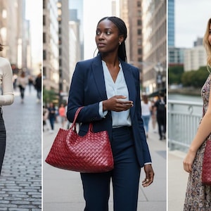 May include: Three women walking outdoors, each carrying a large, woven, burgundy-colored tote bag. The bags have a shoulder strap and a rectangular shape. The women are dressed in business casual and casual attire.