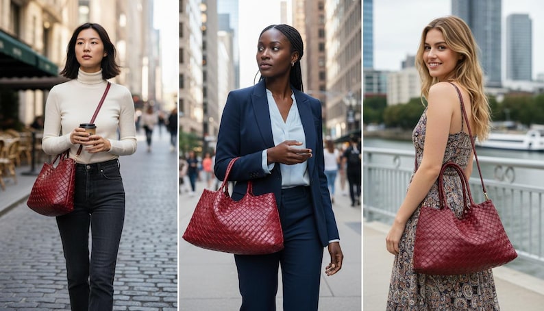 May include: Three women walking outdoors, each carrying a large, woven, burgundy-colored tote bag. The bags have a shoulder strap and a rectangular shape. The women are dressed in business casual and casual attire.