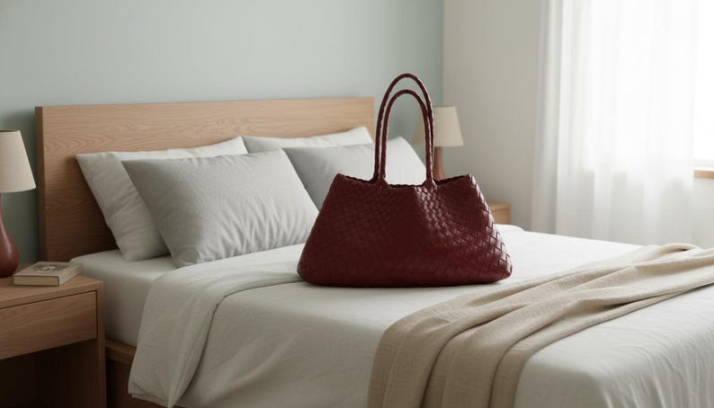 May include: A burgundy woven tote bag with double handles sits on a bed with white linens and gray pillows. The bag has a structured shape and a textured surface. The room has a light, airy feel with a wooden headboard and a neutral color palette.