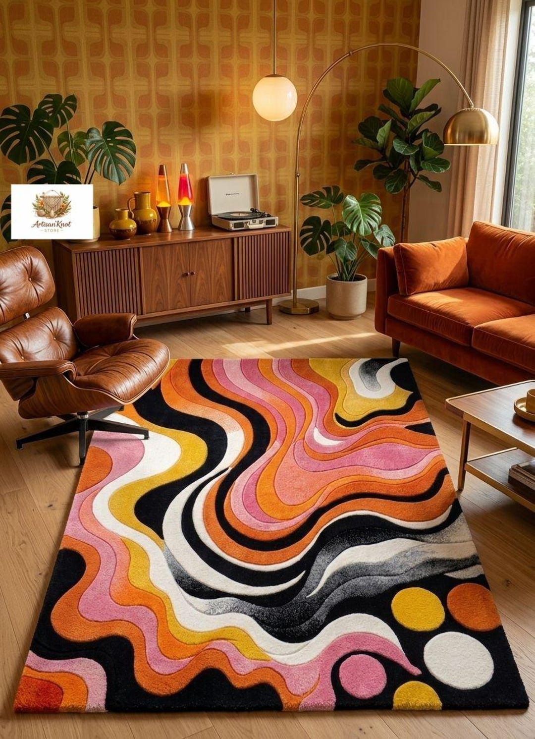 Hand Tufted Wool Rug, 70s Retro Wavy Area Rug, Mid Century Modern ...