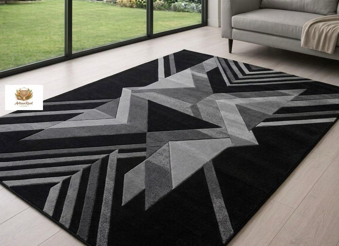 Modern Geometric Hand Tufted Wool Rug - Black & Gray Abstract 3D Design ...