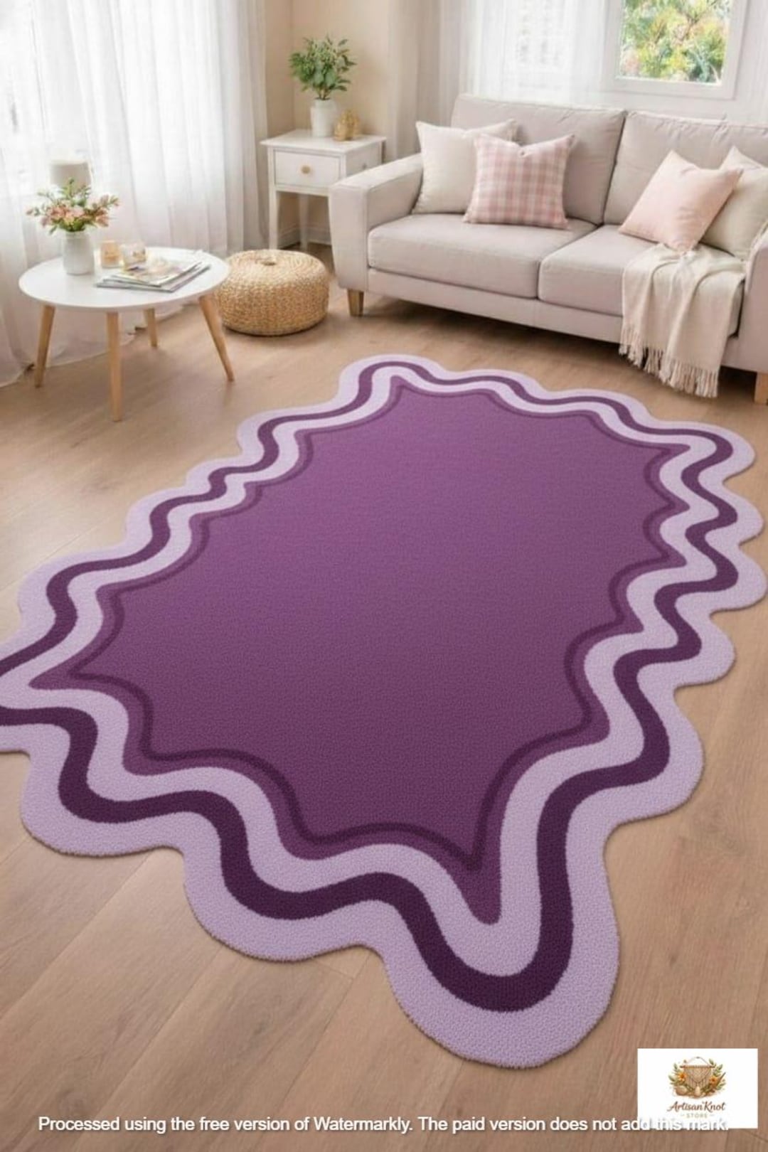 Purple Wavy Scalloped Rug Handmade Tufted Wool Area Rug for Living Room ...
