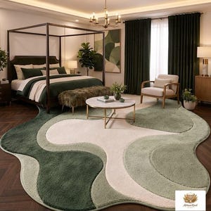 Sage Green Abstract Wavy Rug, Mid Century Modern Wool Carpet, Organic Shape Aesthetic Bedroom Rug, Custom Size Tufted Area Rug