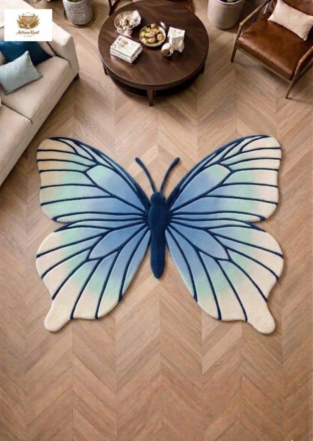 Large Butterfly Hand Tufted Wool Rug, Blue Ombre Butterfly Shaped Area ...