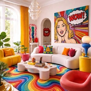 May include: A colourful living room with a rainbow rug, white sofa, and yellow armchair. Pop art decor includes a "WOW!" canvas and a red lips painting. The room features a unique coffee table and a modern chandelier.