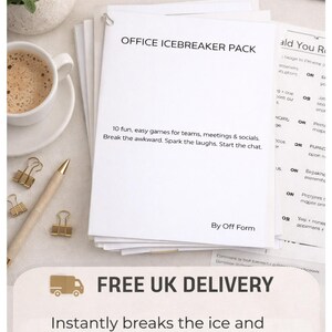 May include: A stack of white paper sheets held together with a silver clip, labeled "OFFICE ICEBREAKER PACK." Text below reads "10 fun, easy games..." and "By Off Form." Includes a cup of coffee, a pen, and gold paper clips.