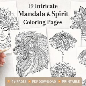 May include: A collection of 19 intricate mandala and spirit coloring pages. The pages feature detailed illustrations of a lion, a woman, and other spiritual designs. The text on the image reads "19 Intricate Mandala & Spirit Coloring Pages".