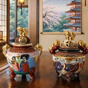 Op de afbeelding: Twee sierlijke Japanse keramische wierookbranders. De branders zijn versierd met gouden accenten, gedetailleerde figuren en traditionele Japanse motieven. Eén heeft een geisha-ontwerp, de andere heeft een ontwerp van figuren. Ze staan op een donker houten oppervlak.
