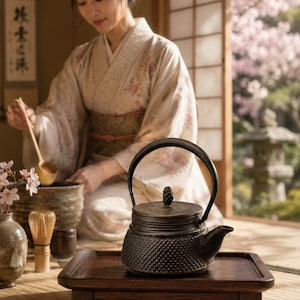 May include: A dark, textured cast iron teapot with a curved handle and a small knob on the lid, resting on a rectangular wooden tray. The teapot features a dimpled surface pattern and a short spout, presented as a functional tea vessel.