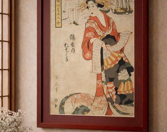 Antica xilografia giapponese Geisha Meiji Era stile Chikanobu Arte Bijin-ga 1890