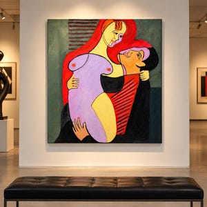 May include: A large square oil painting on canvas depicting two stylised figures in an embrace. The composition features bold blocks of red, lavender, yellow, and black, with thick black outlines defining the forms against a muted green background.