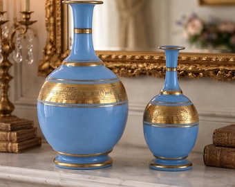 Coppia di vasi francesi in opalino blu e oro – Vasi decorativi antichi in stile impero